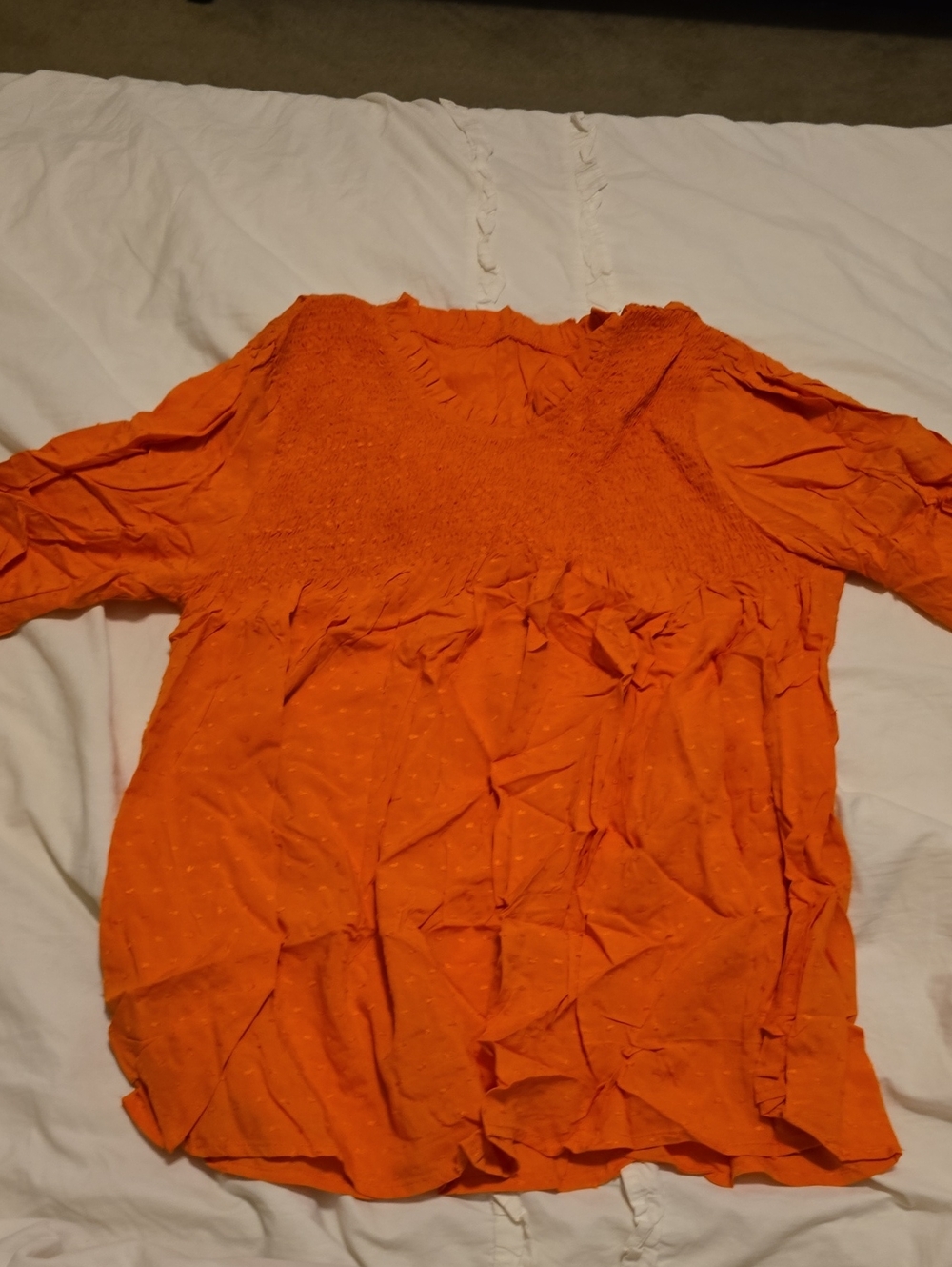 Orange Smocked Ruffle Neck Women’s Blouse. Embroidery On Wrist &  Yolk. NWT